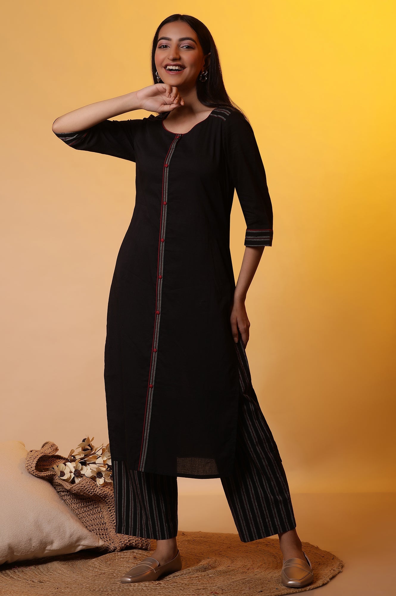 Black Straight Kurta with Striped Palazzo Pants