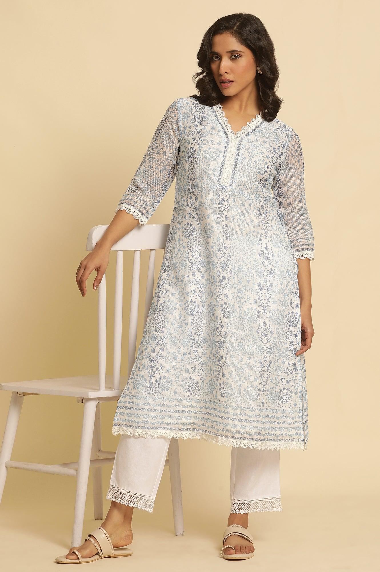 Ecru And Blue Floral Printed Kota Kurta