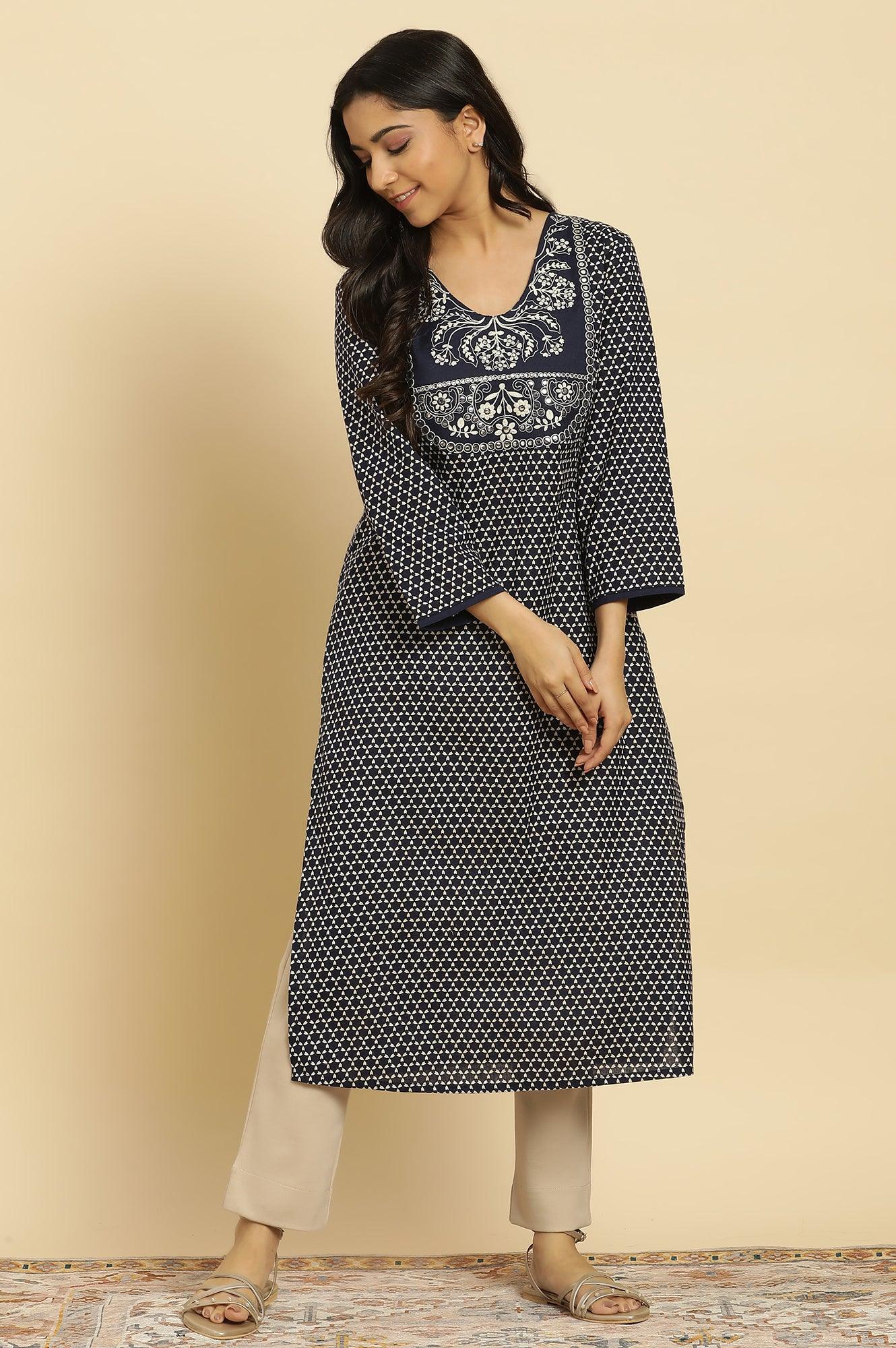 Blue Printed Cotton Kurta With Dori Embroidery