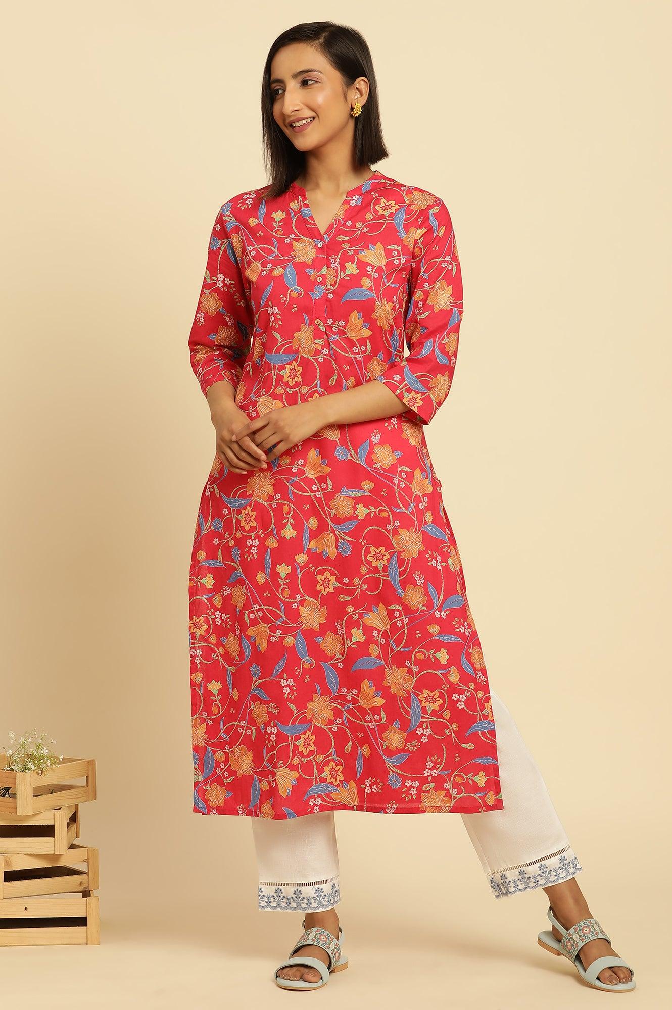 Red Floral Printed Straight Kurta