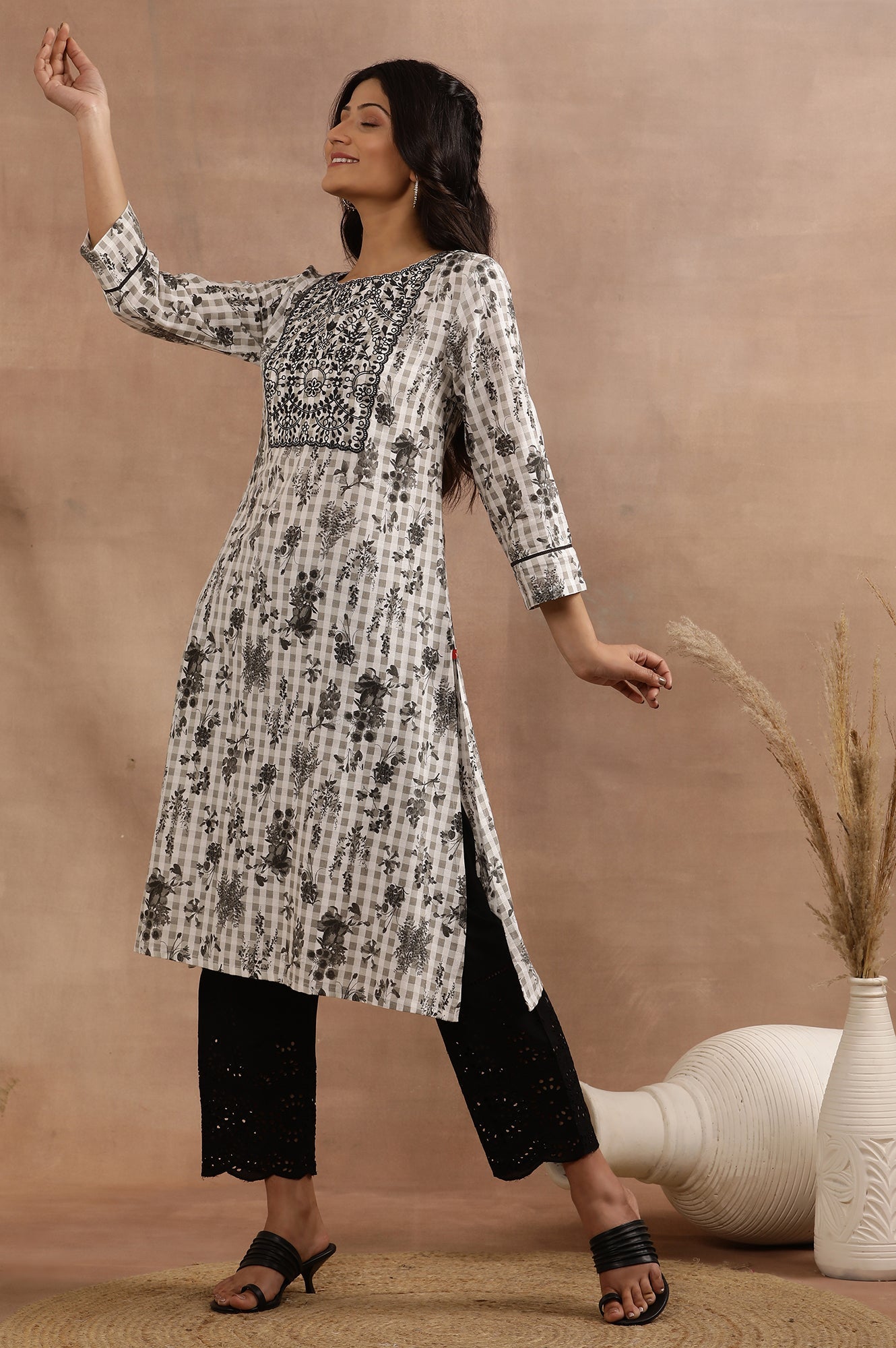 White And Grey Floral Printed Kurta With Thread Embroidery