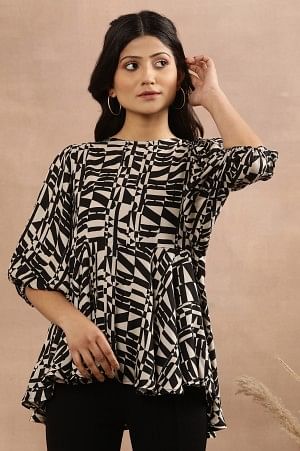 Black And White Geometric Printed Peplum Top