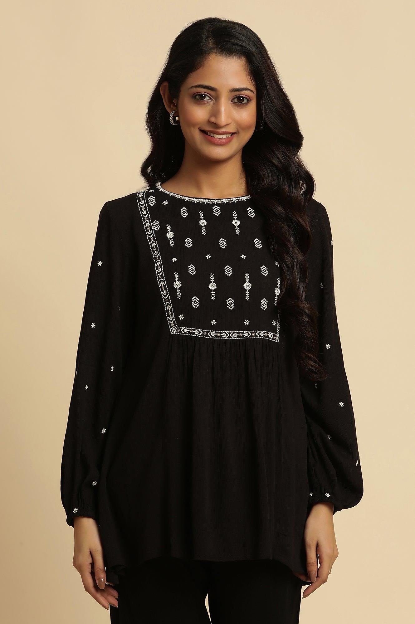 Black Top With Ivory Embroidered Yoke