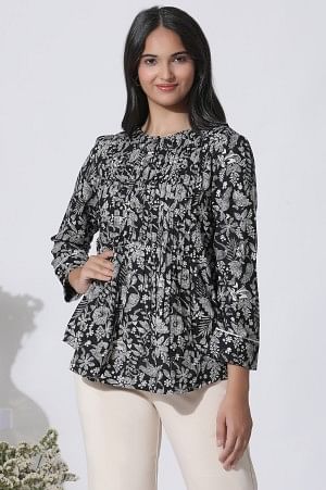 Black Floral Printed Top With Front Pleats