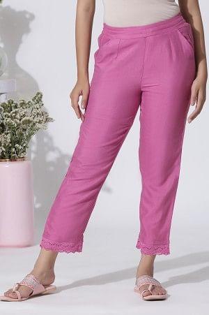 Pink Cotton Flax Straight Pants With Lace Hemline