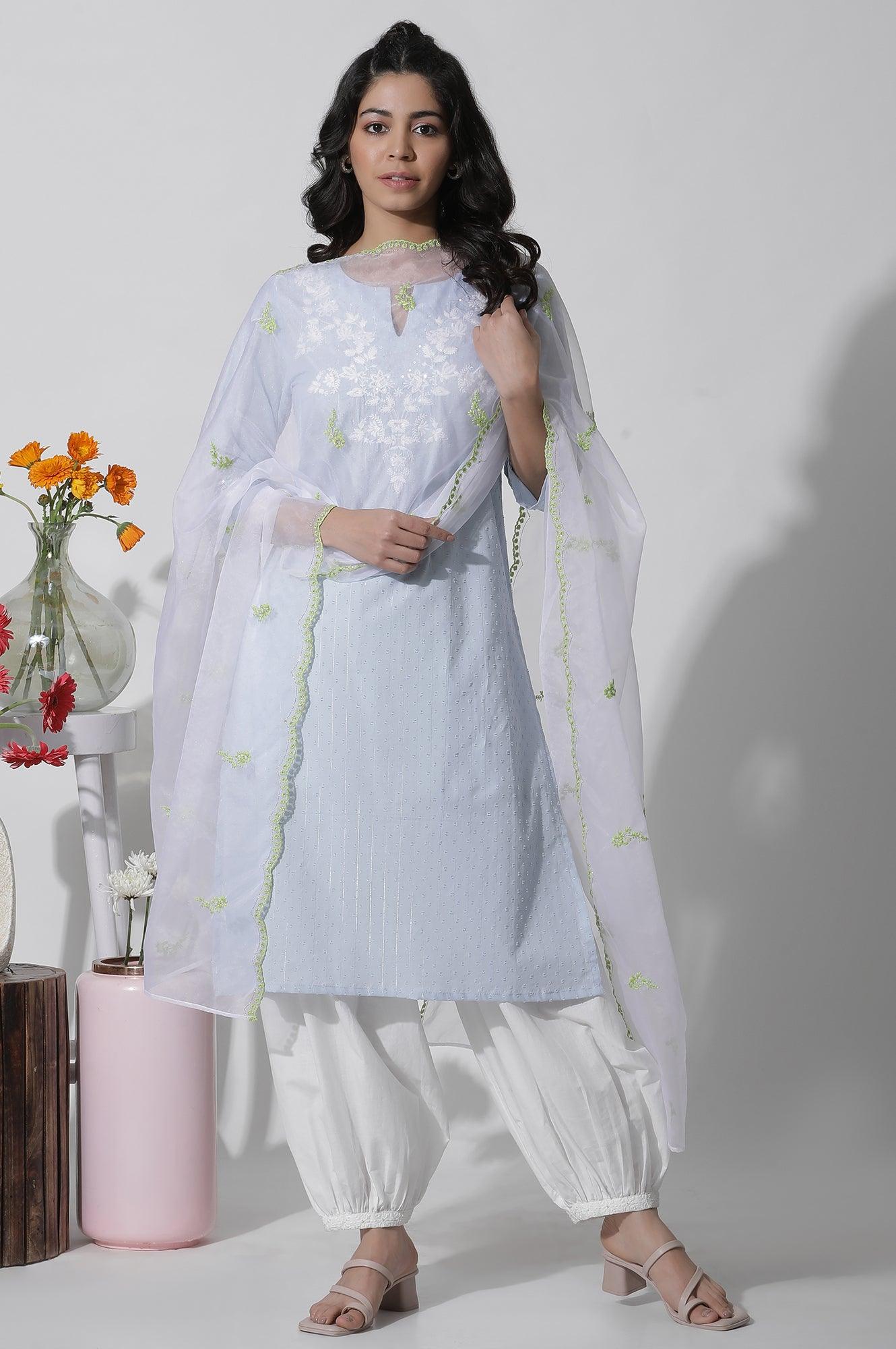 Ecru Organza Dupatta With Contrasting Embroidery