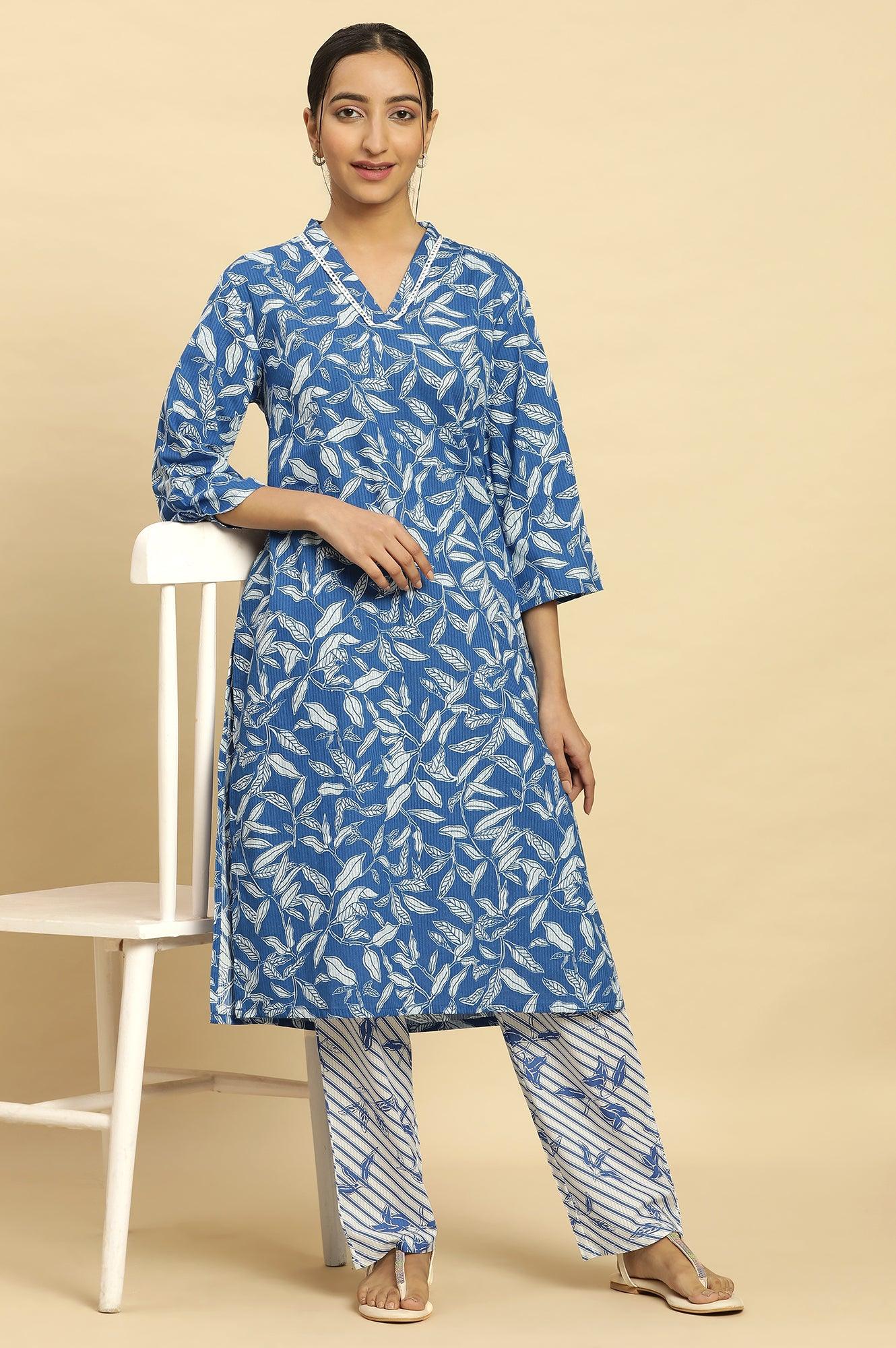 Blue Leaf Printed Straight Kurta And Pants Set