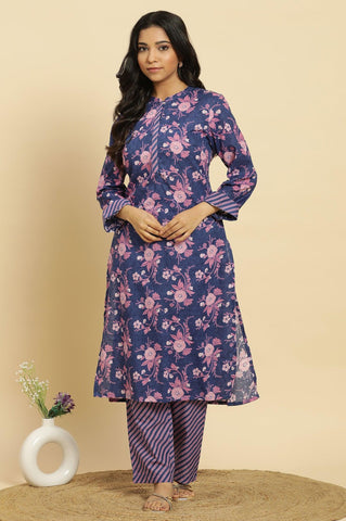 Navy Blue Floral Printed Kurta And Stripe Pants Set