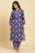 Navy Blue Floral Printed Kurta And Stripe Pants Set