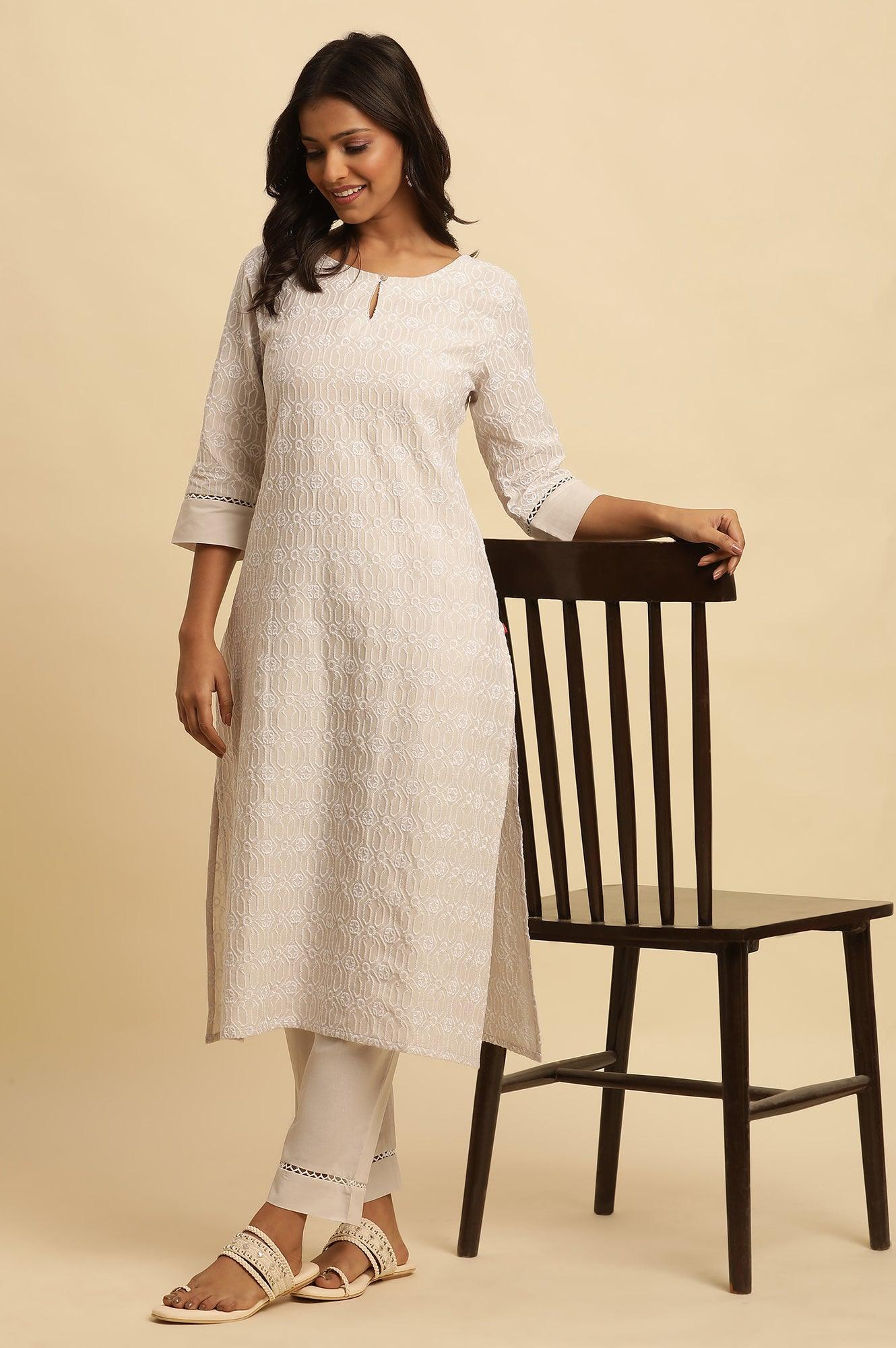 Light Grey Embroidered Cotton Kurta