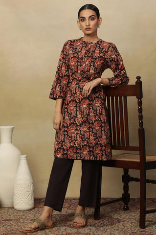 Black Kalamkari Printed Straight Kurta In Cotton Slub