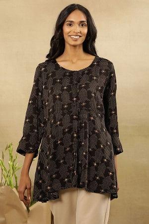 Black Printed Round Neck Flared Top In Lustrous Satin