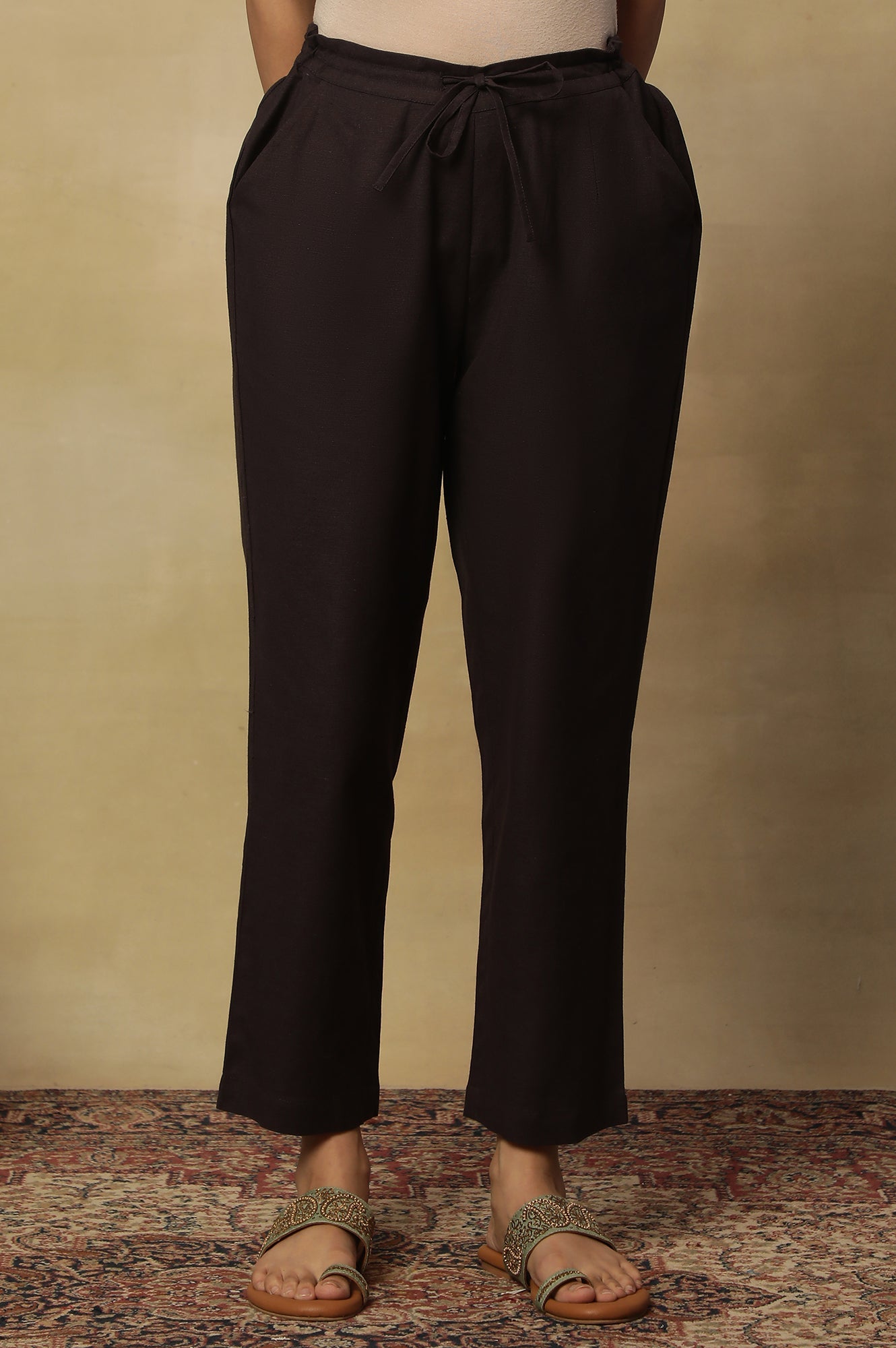 Brown Solid Straight Cotton Pant