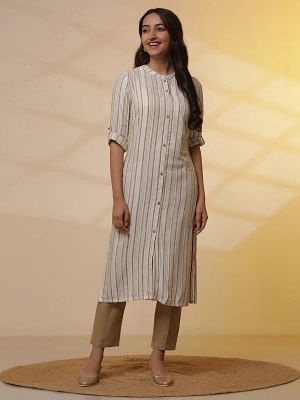 Beige Stripe Printed Straight Kurta and Pants Set