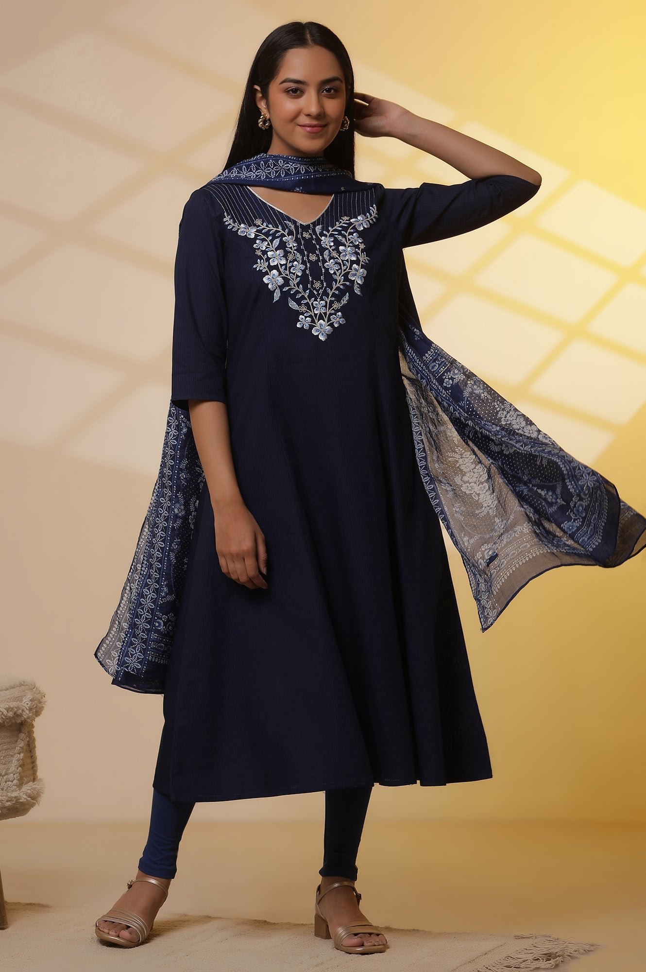 Blue A-line Embroidered Kurta, Tights and Dupatta Set