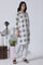 White Geometric Printed V-Neck Cotton Kurta, Salwar With Dupatta Set