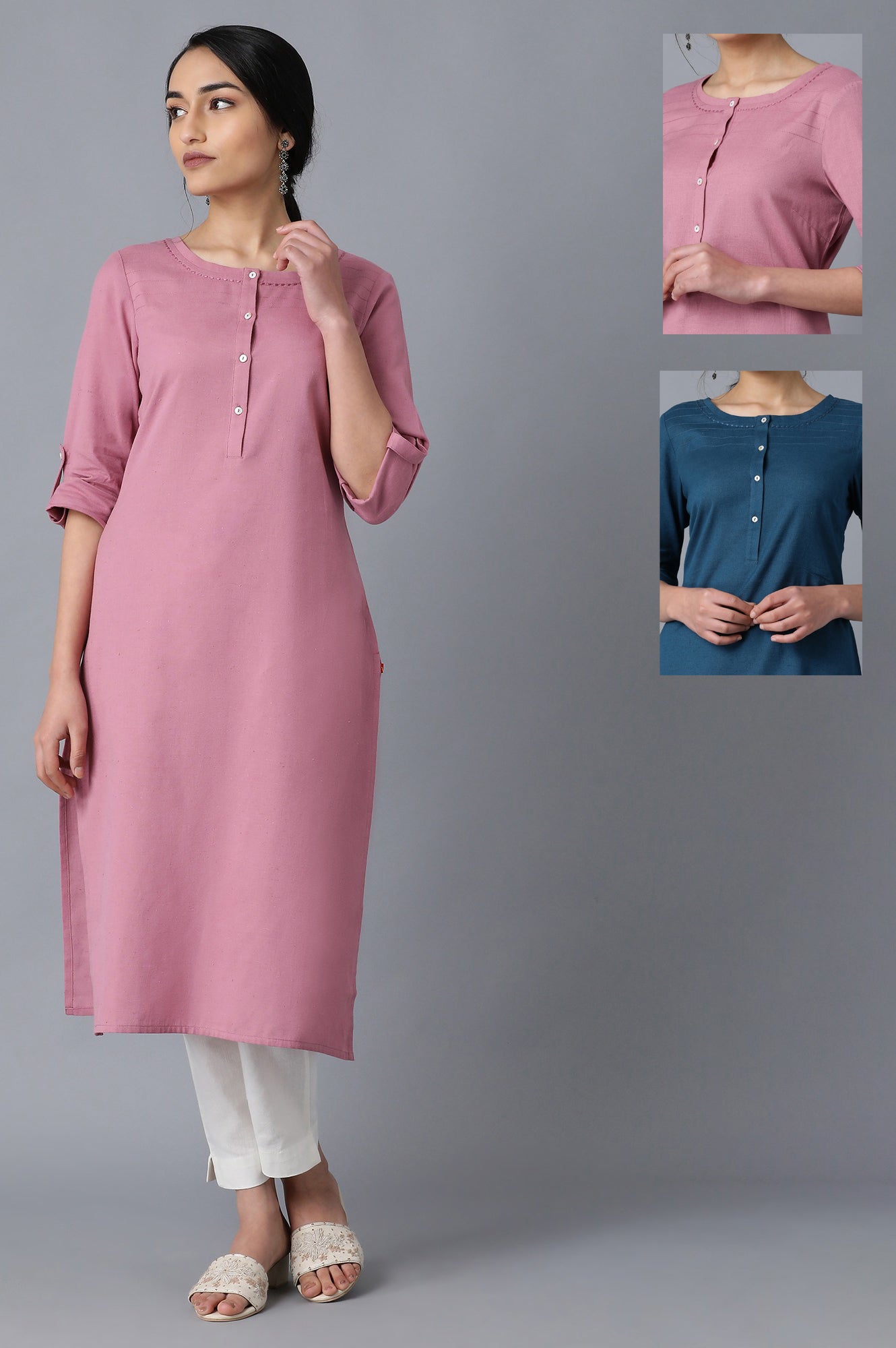 Mauve And Blue Solid Thread Work Straight Cotton Flax Kurta Combo