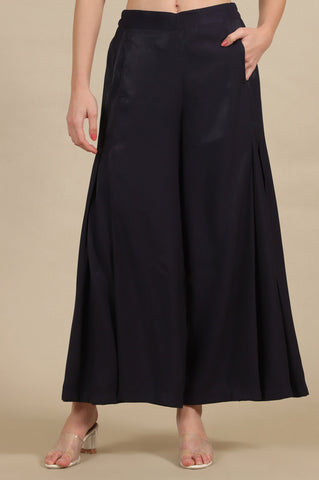 Blue Solid Flared Rayon Palazzo With Pleats