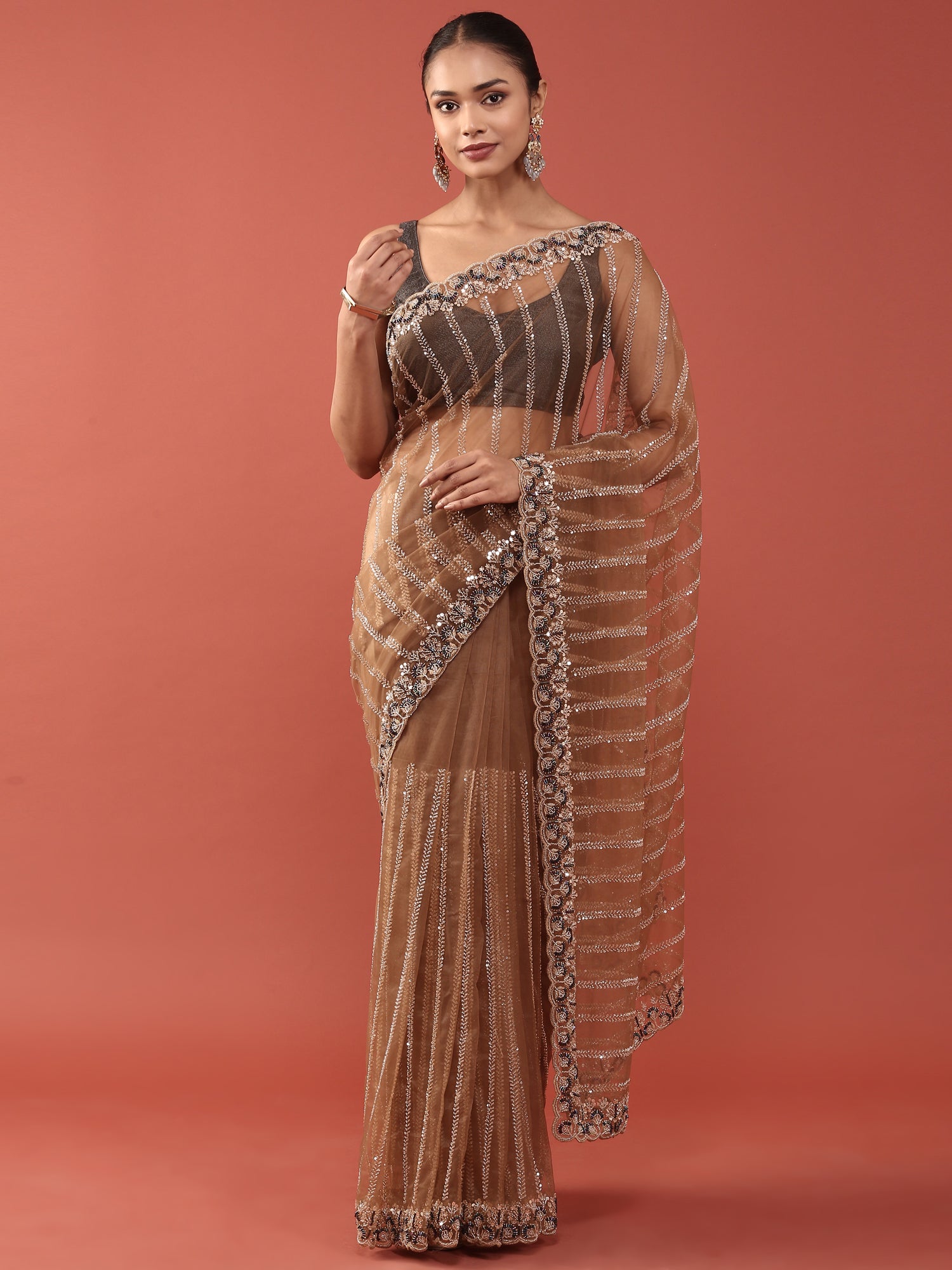 Gold Net Embroidery Saree
