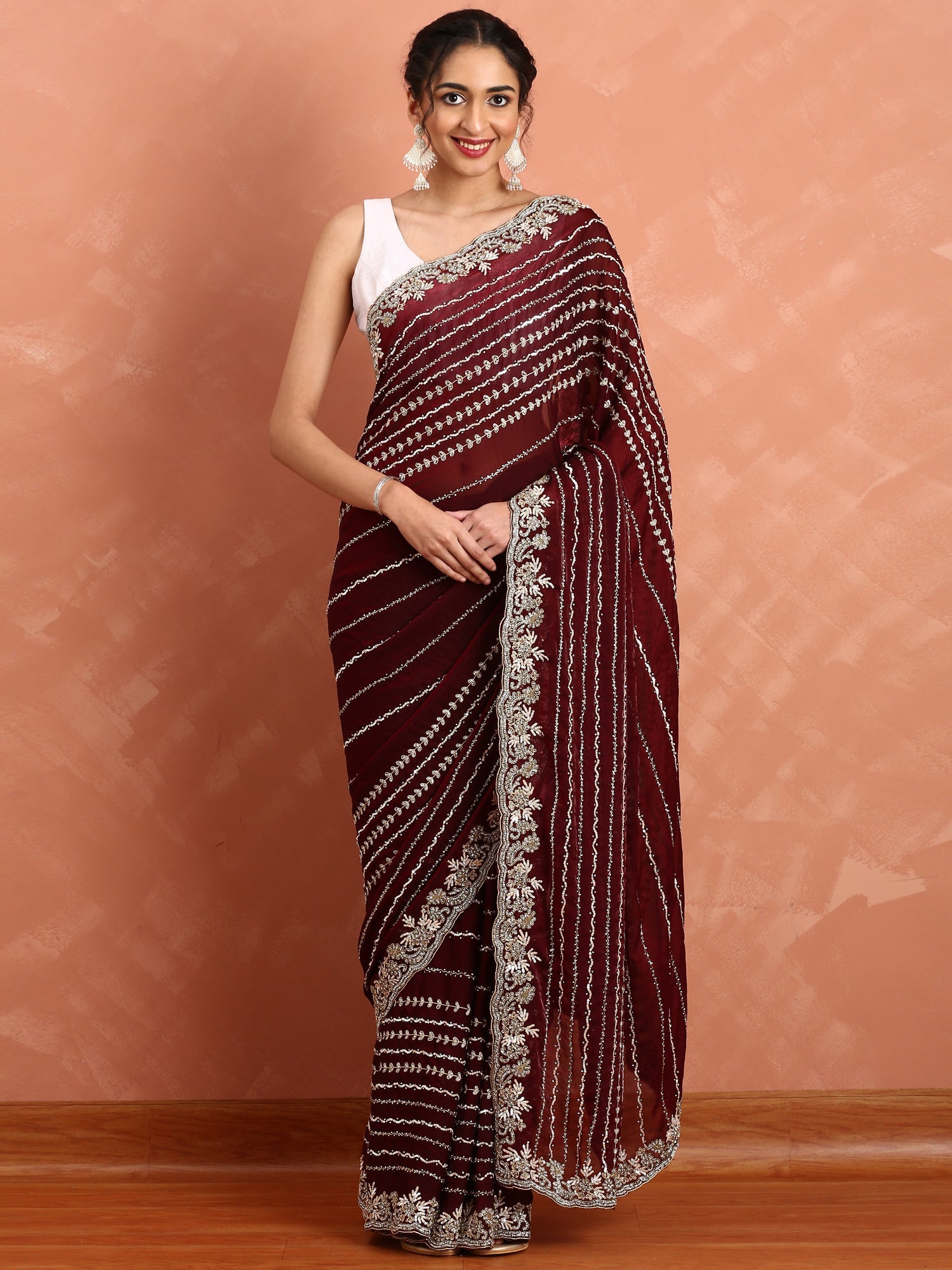 Maroon Swarovski & Cut Dana Hand Embroidered Saree