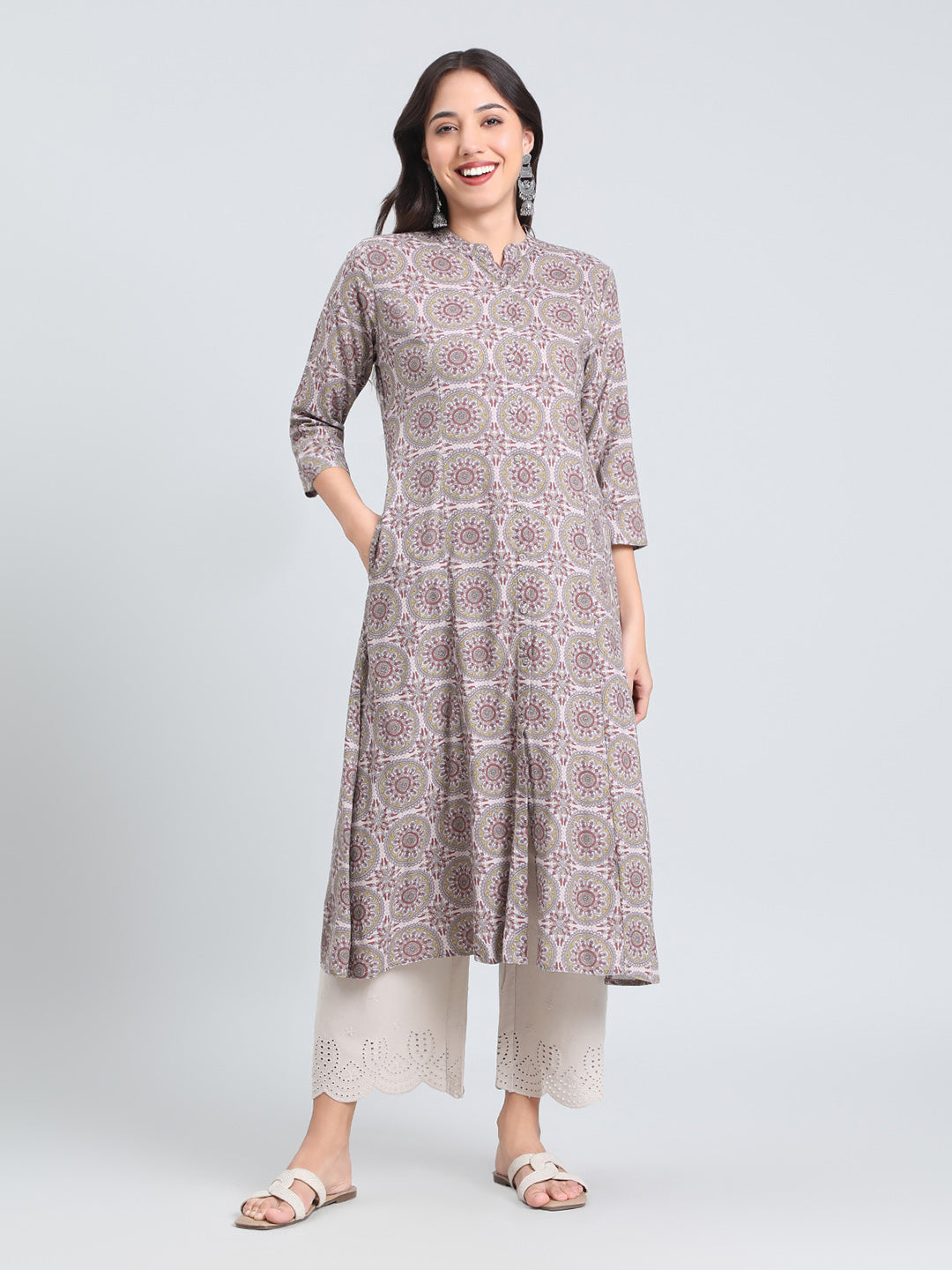 Viscose Medallion Tile Print A-Line Kurta