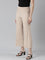 Women Solid Beige Mid Rise Ribbed Palazzos