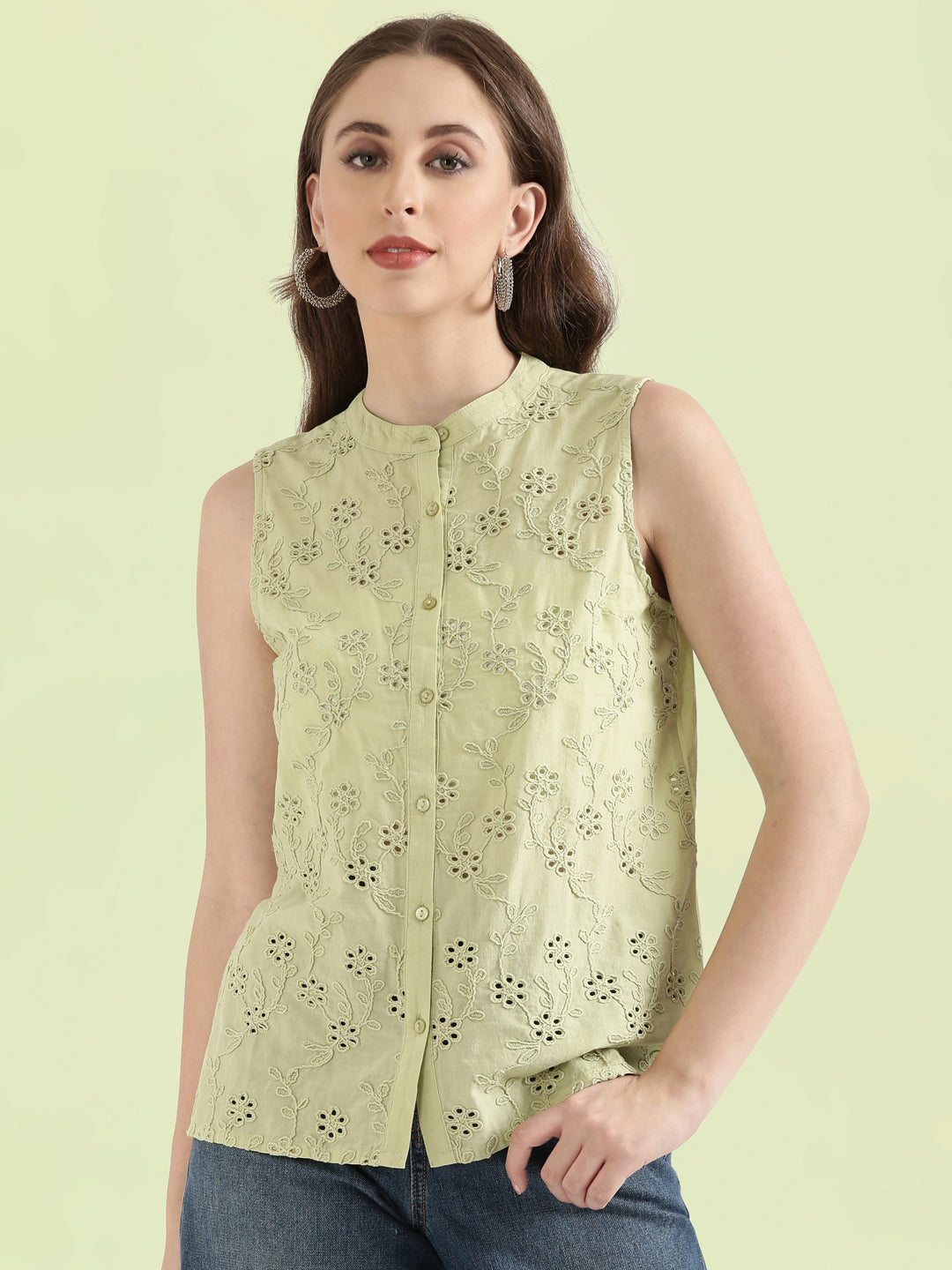 Cotton Embroidered Mandarin Collar Hakoba Blouse