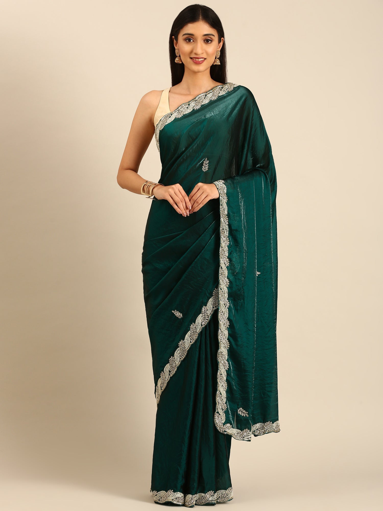 Green shimmer tissue saree with cut Dana & Swarovski embroidery