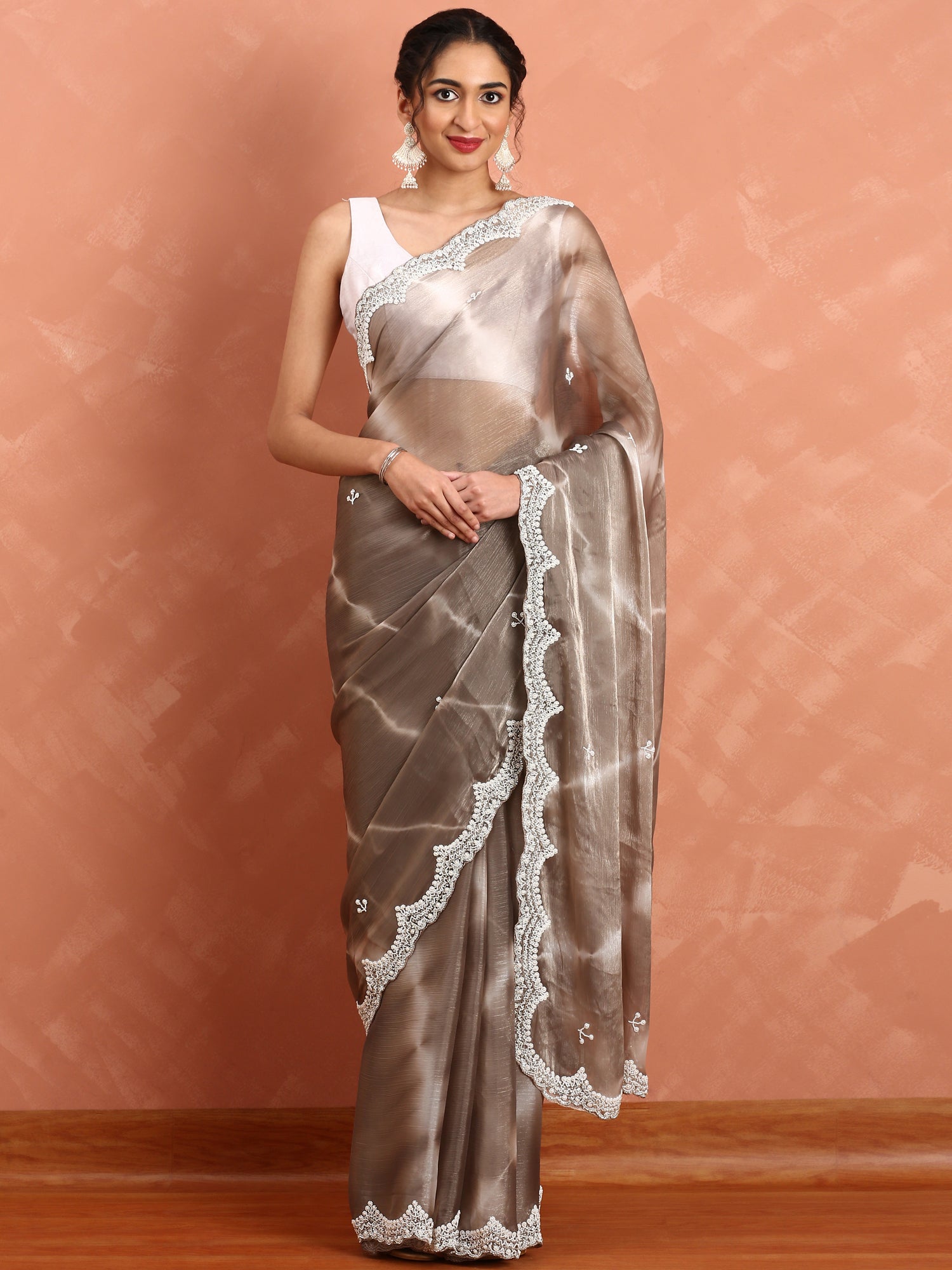 Grey Jimmy organza tie dye hand embroidery saree