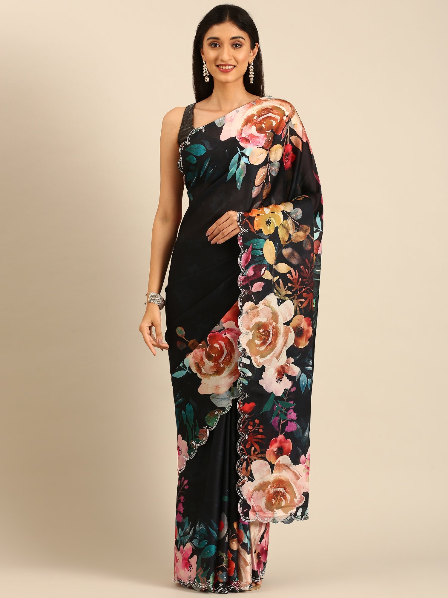 Black stain floral printed saree with Swarovski embroidery