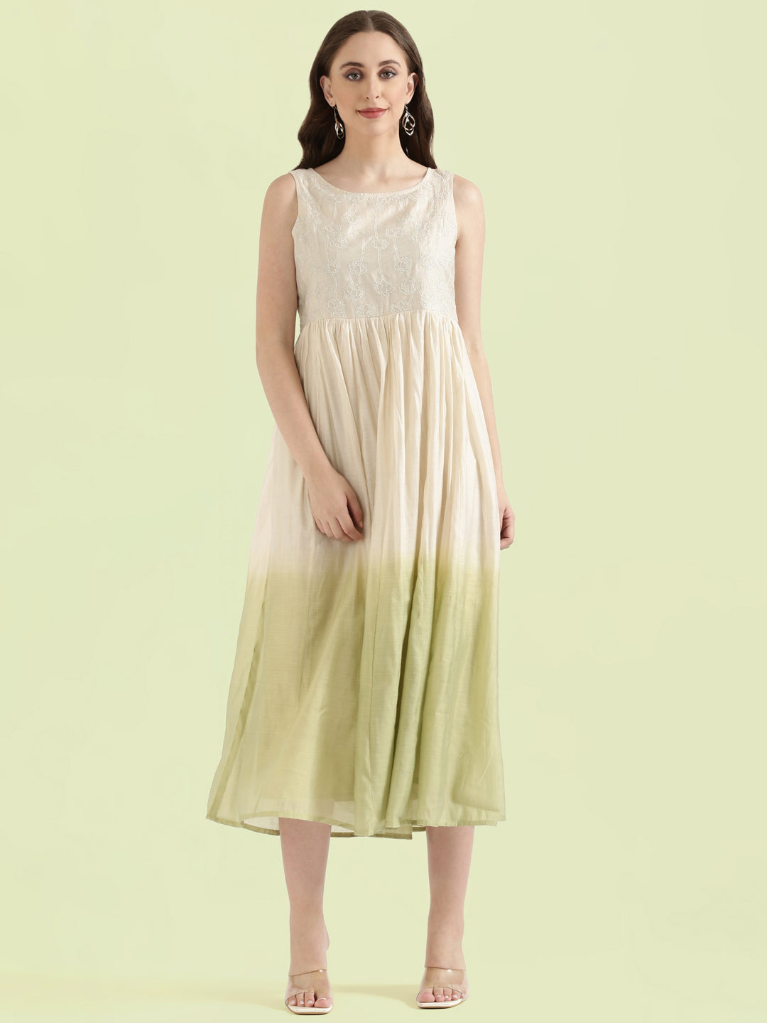 Chanderi Lotus Embroidered Ombre Dip-Dye Gathered Dress