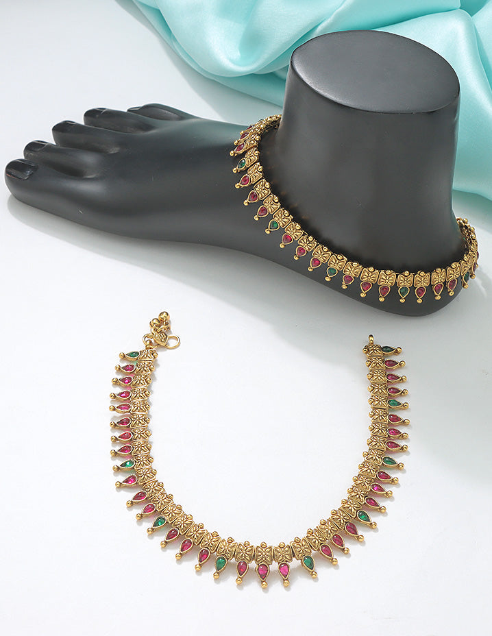 Designer Temple Bud Motif Antique Anklets