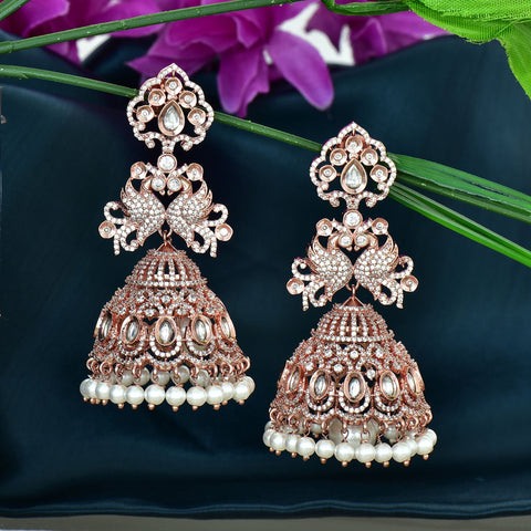 Zirconia Peacock Pattern Rose Gold Polish Jhumka Earrings