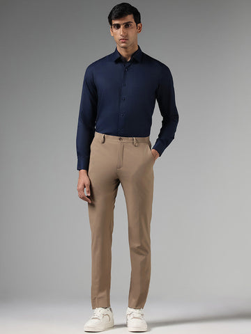 WES Formals Solid Navy Slim Fit Shirt