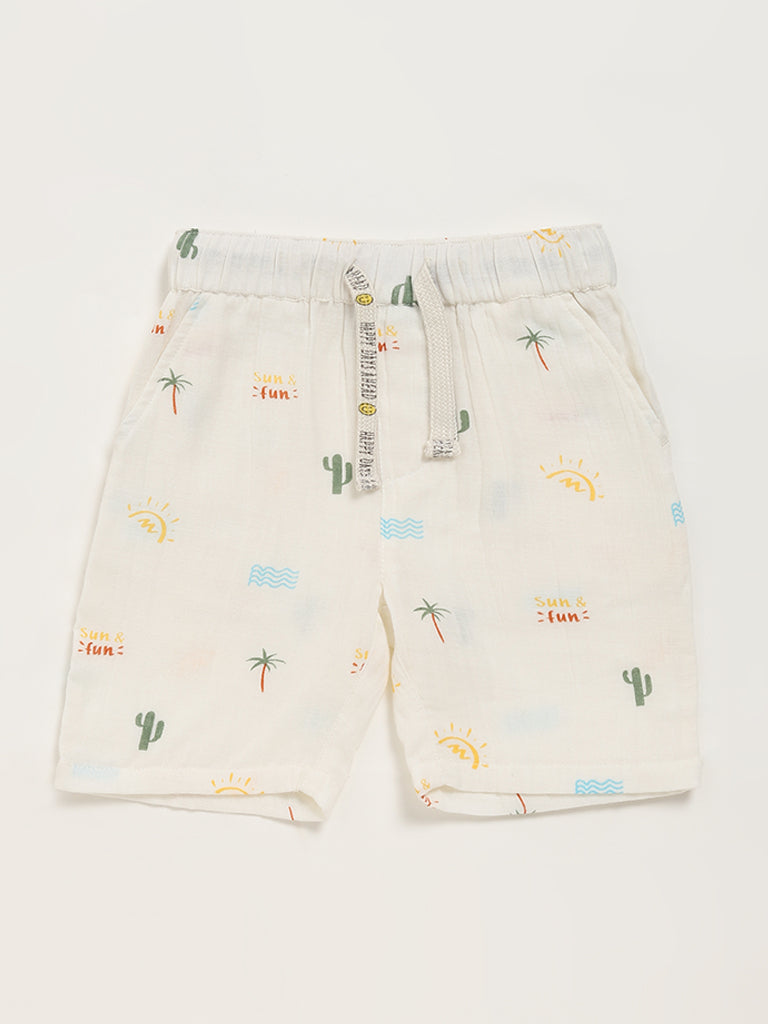 HOP Kids White Printed Shorts