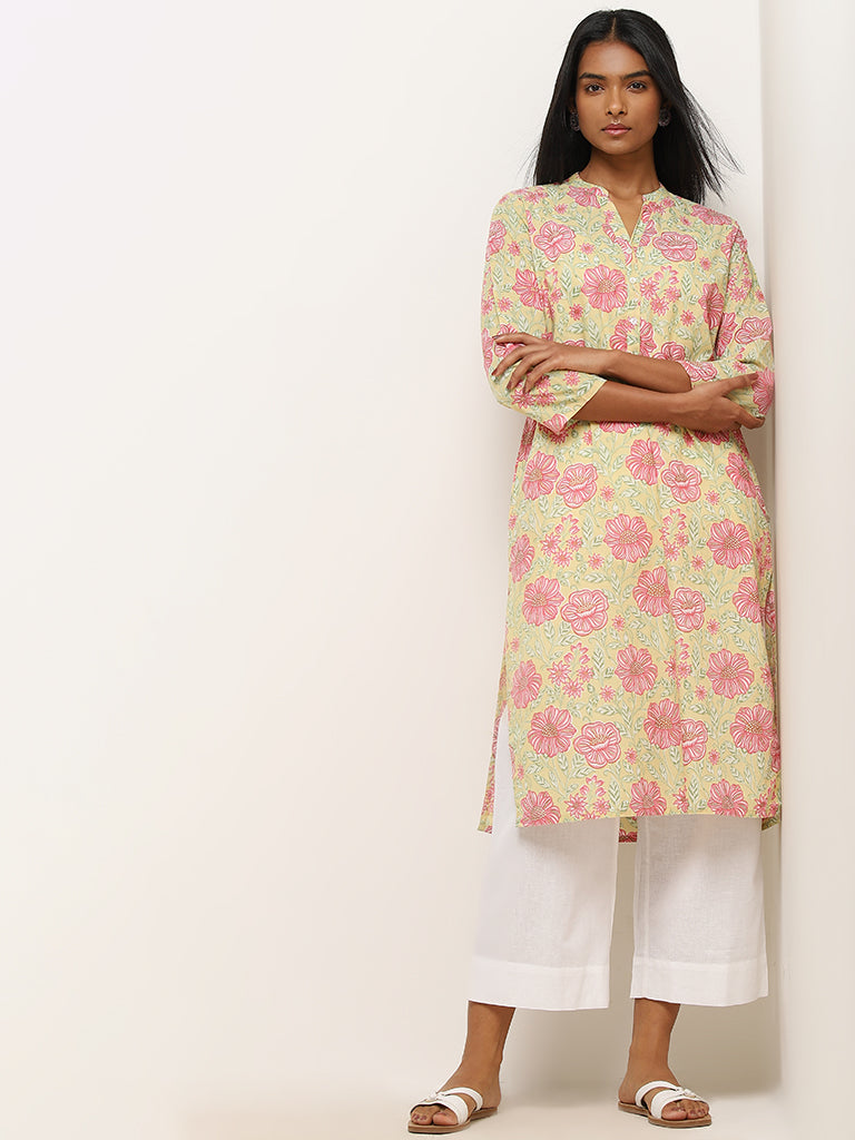 Utsa Yellow Floral Printed Straight Cotton Kurta