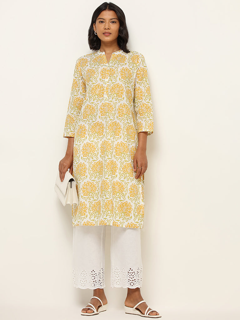 Utsa Yellow Straight Fit Printed Kurta