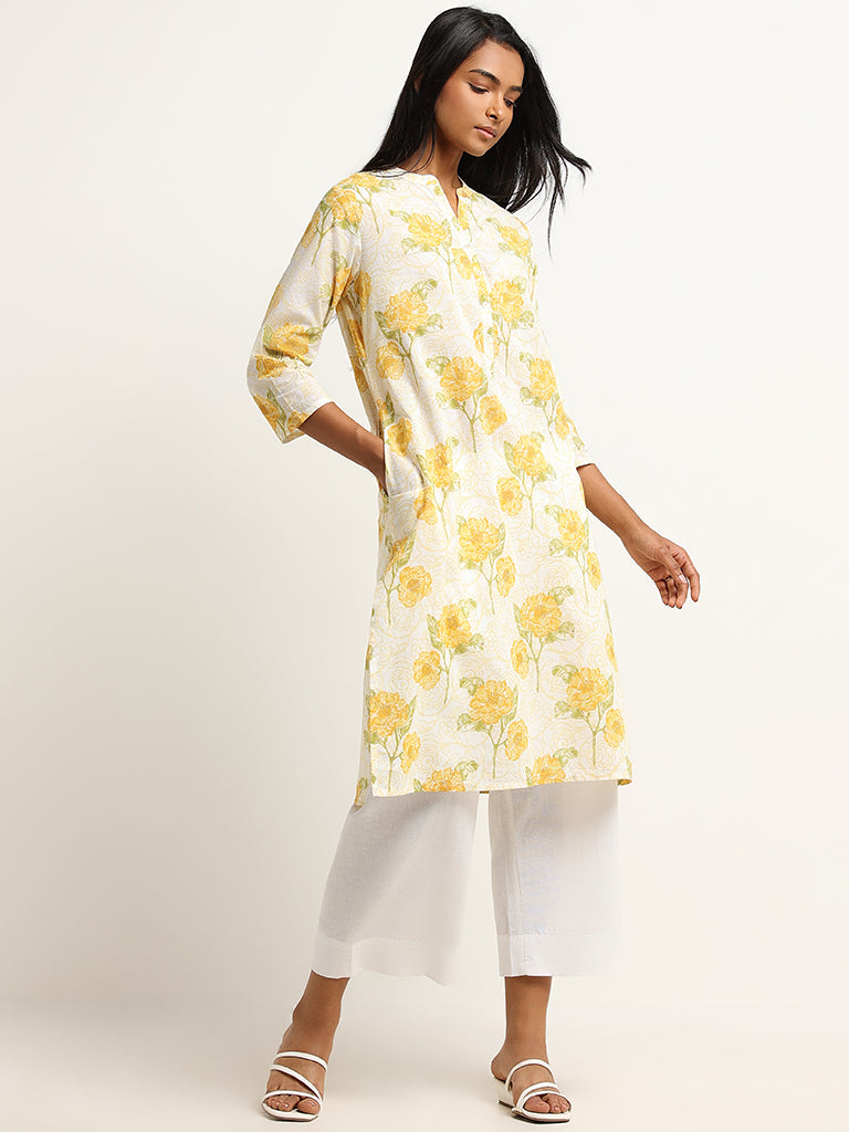 Utsa Yellow Floral Print Cotton Kurta