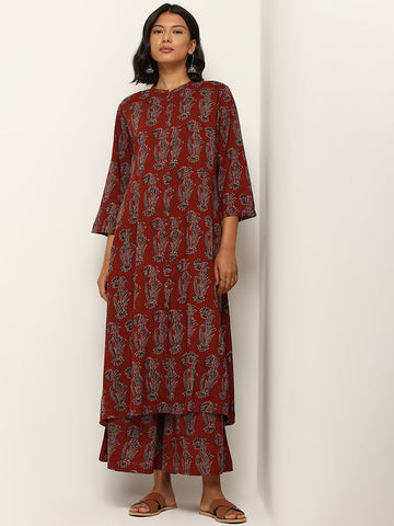 Utsa Maroon Straight Fit Printed Kurta