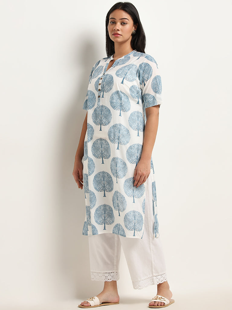 Diza Blue Foliage Printed Straight Cotton Kurta