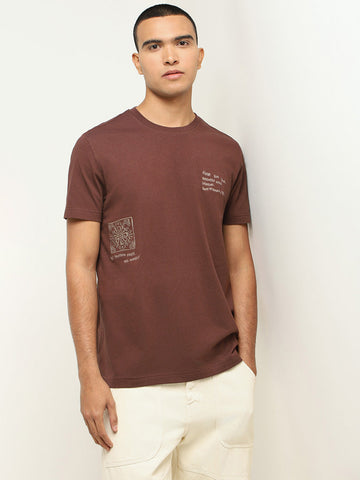 Nuon Brown Embroidered Cotton Slim Fit T-Shirt