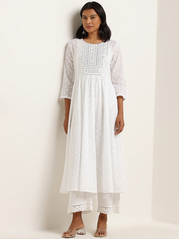 Utsa White Mirror Embroidered A-line Kurta