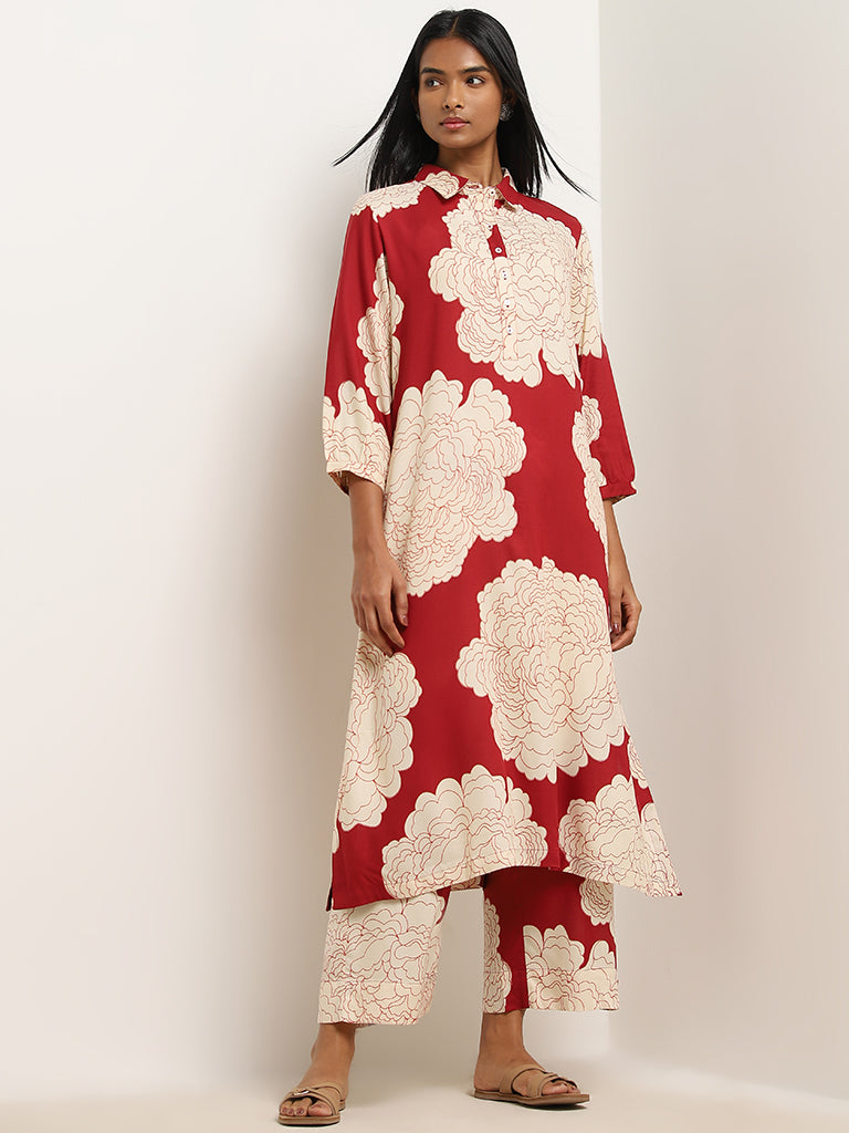 Utsa Red Floral Printed A-Line Kurta