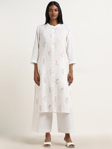 Zuba White Floral Embroidered A-line Cotton Kurta