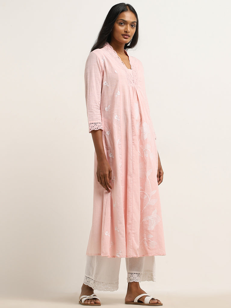 Utsa Light Pink Floral Embroidered Cotton Kurta