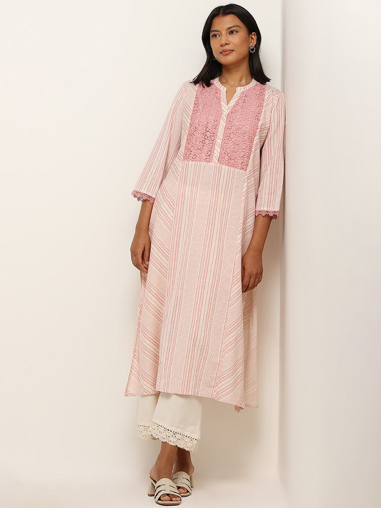 Utsa Pink Stripe Printed A-line Kurta