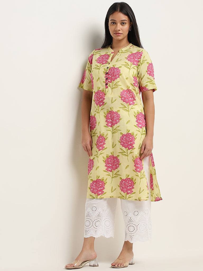 Diza Yellow Floral Printed Straight Cotton Kurta