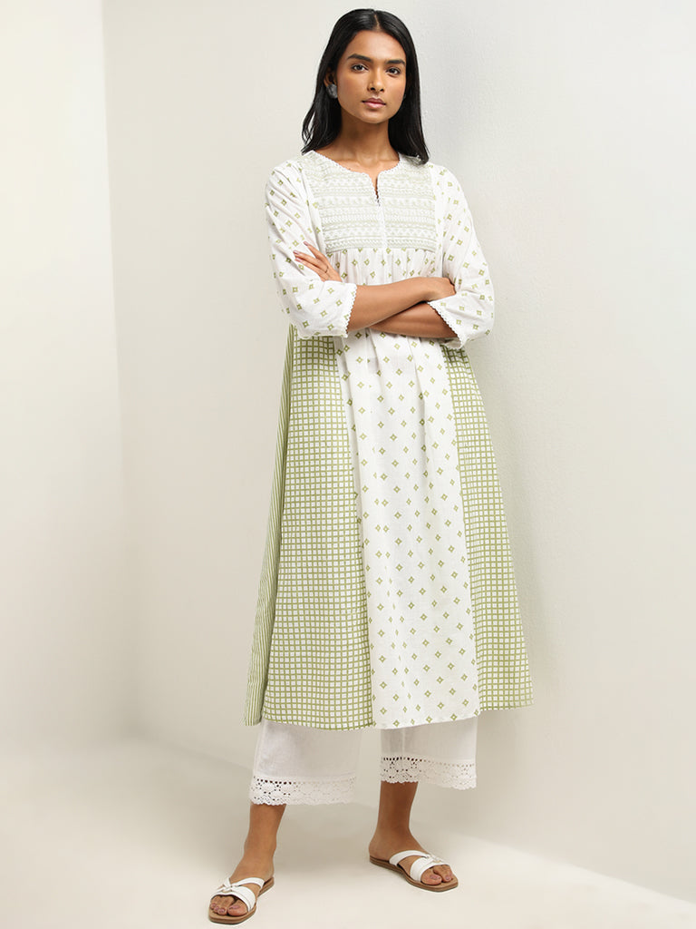 Utsa Green Printed A-Line Cotton Kurta