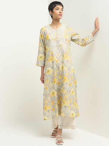 Utsa Grey Paisley Embroidered A-Line Cotton Kurta