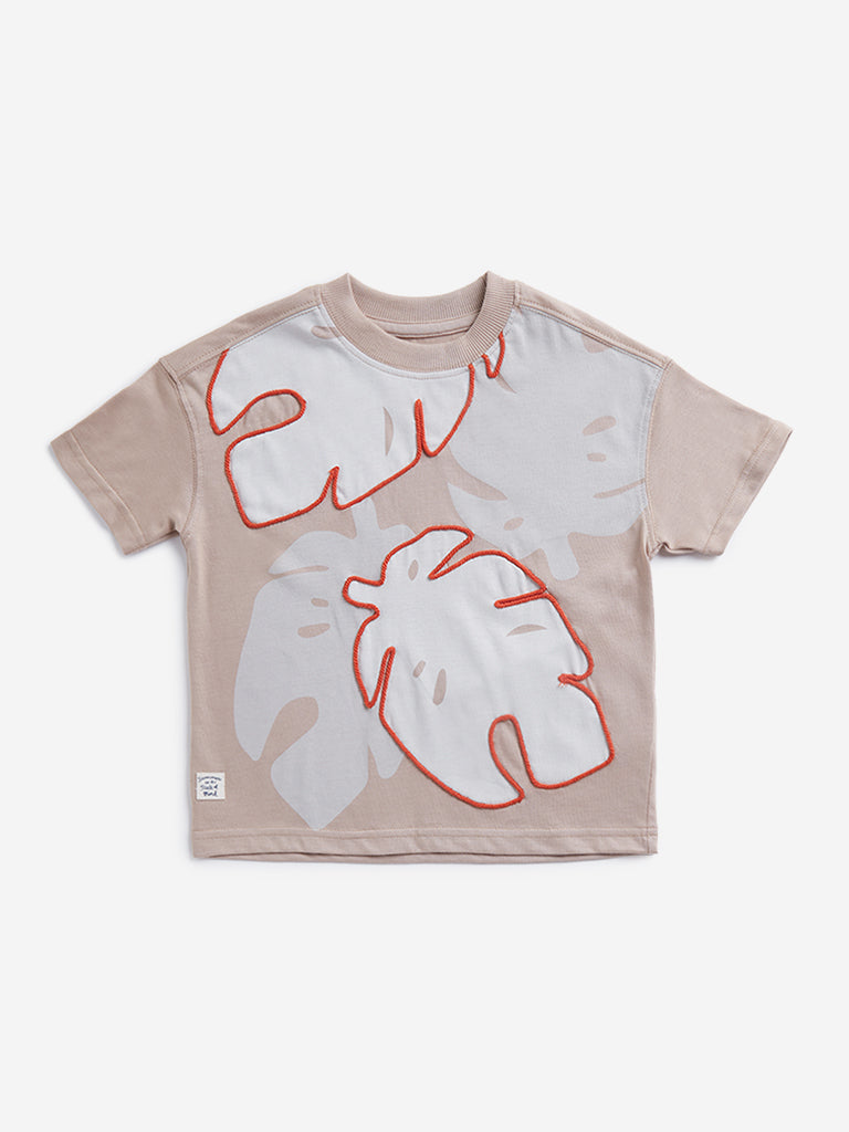 HOP Kids Taupe Leaf Embroidered T-Shirt